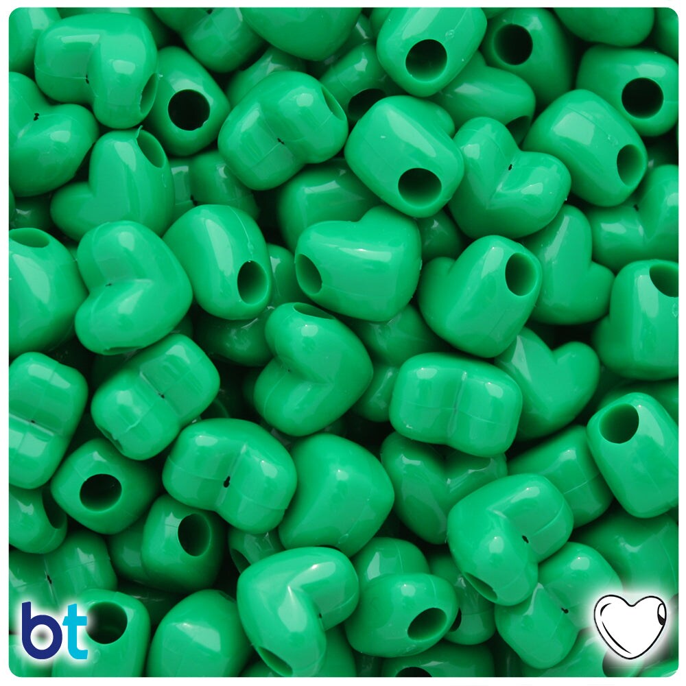 BeadTin Green Opaque 12mm Heart (HH) Plastic Pony Beads (250pcs)