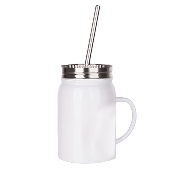 17oz Stainless Steel Mason Jar with Handle, Lid and Straw (White)