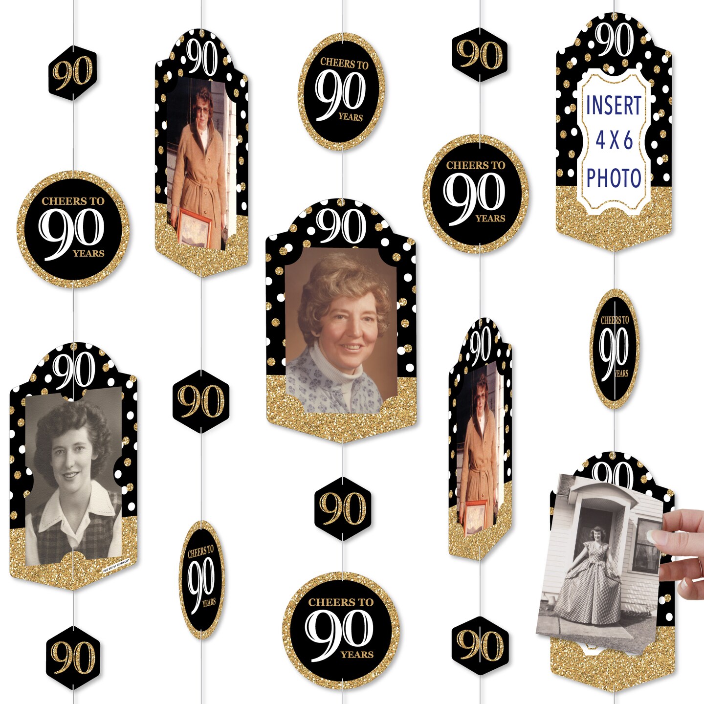 Big Dot of Happiness Adult 90th Birthday - Gold - Birthday Party Vertical Photo Garland 35 Pieces