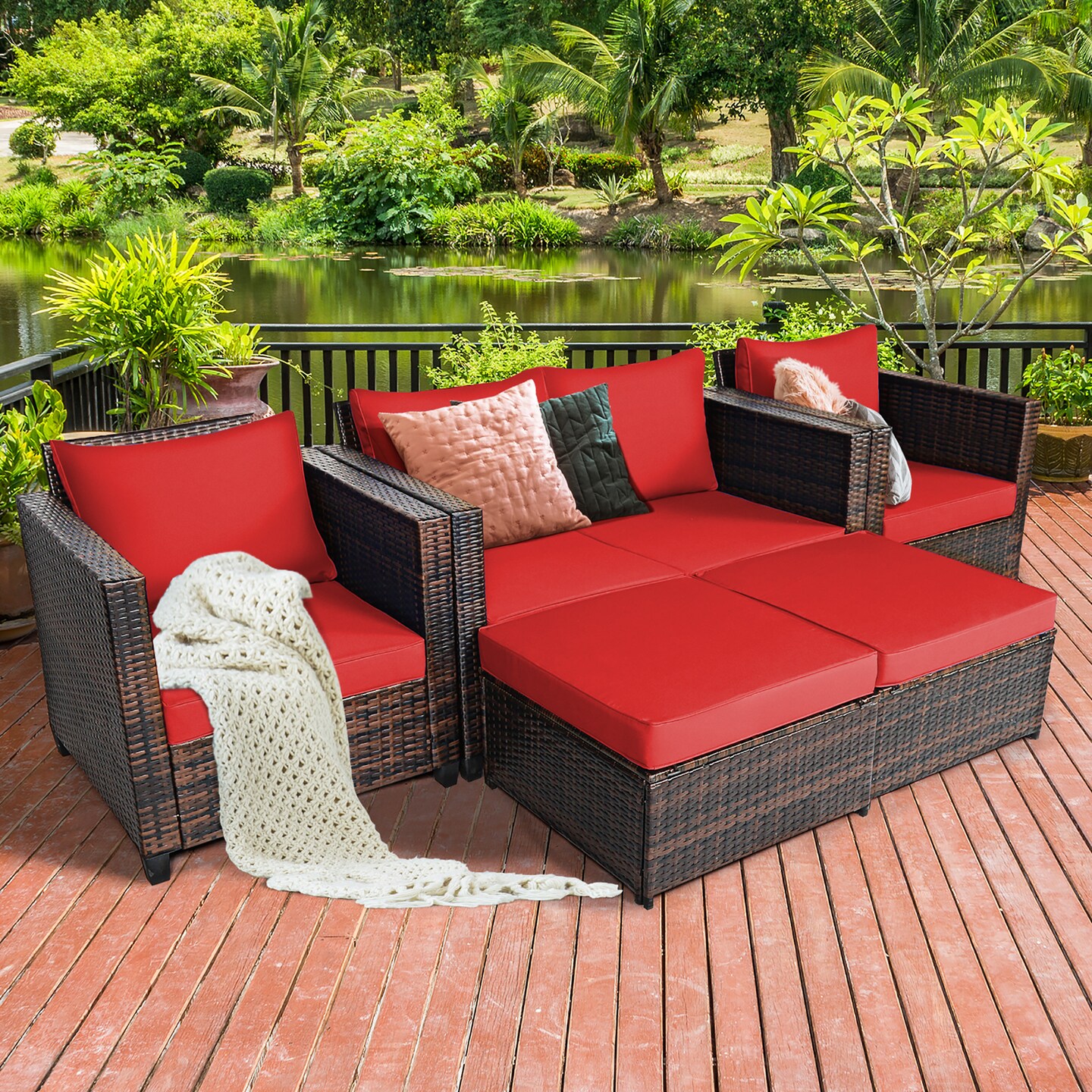Costway 5PCS Patio Rattan Furniture Set Loveseat Sofa Ottoman Cushioned Red\White