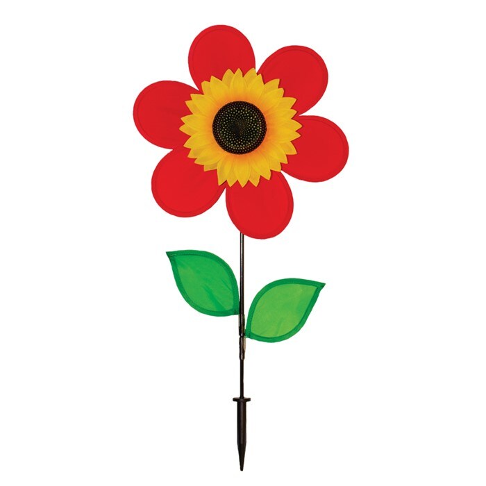In the Breeze 12 Inch Red Sunflower Wind Spinner with Leaves - Includes Ground Stake - Colorful Flower for your Yard and Garden