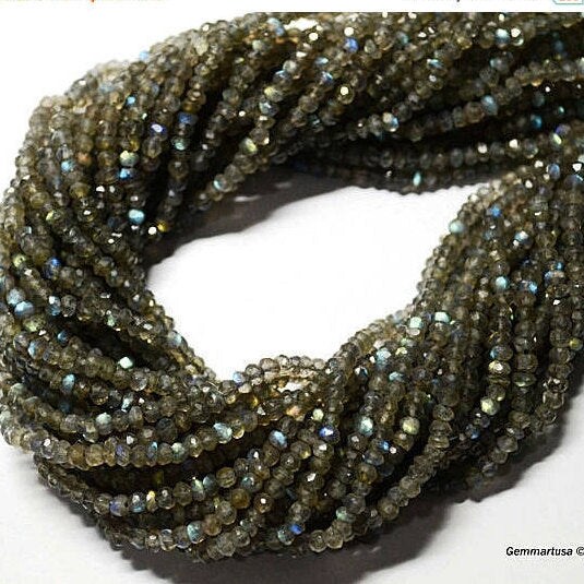 Labradorite Rondelle Beads, 13 Inch Gemstone Strands, Drilled Strung Nugget Beads, Faceted Round, 3-4mm, GemMartUSA (RLLB-70002)