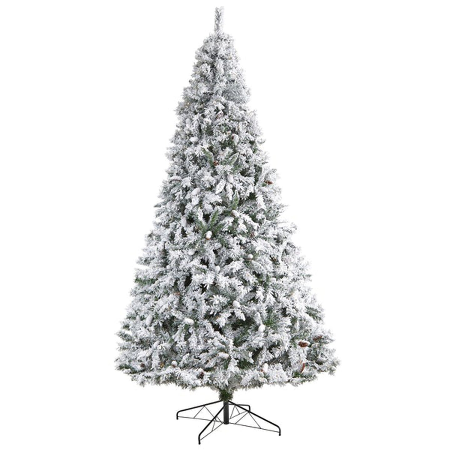 Nearly Natural Home Decorative 10&#x27; Flocked White River Mountain Pine Artificial Christmas Tree with Pinecones and 800 Clear LED Lights