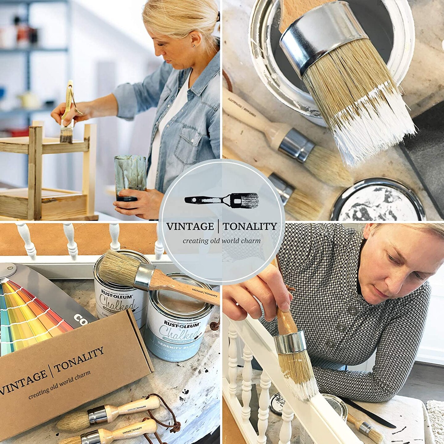 3 PCS Signature Chalk Paint Brush Set, Chalk Paint Brush for Furniture Painting or Waxing, Includes 3 Brushes + Extras, Large and Small DIY Painting Projects, Vintage Tonality