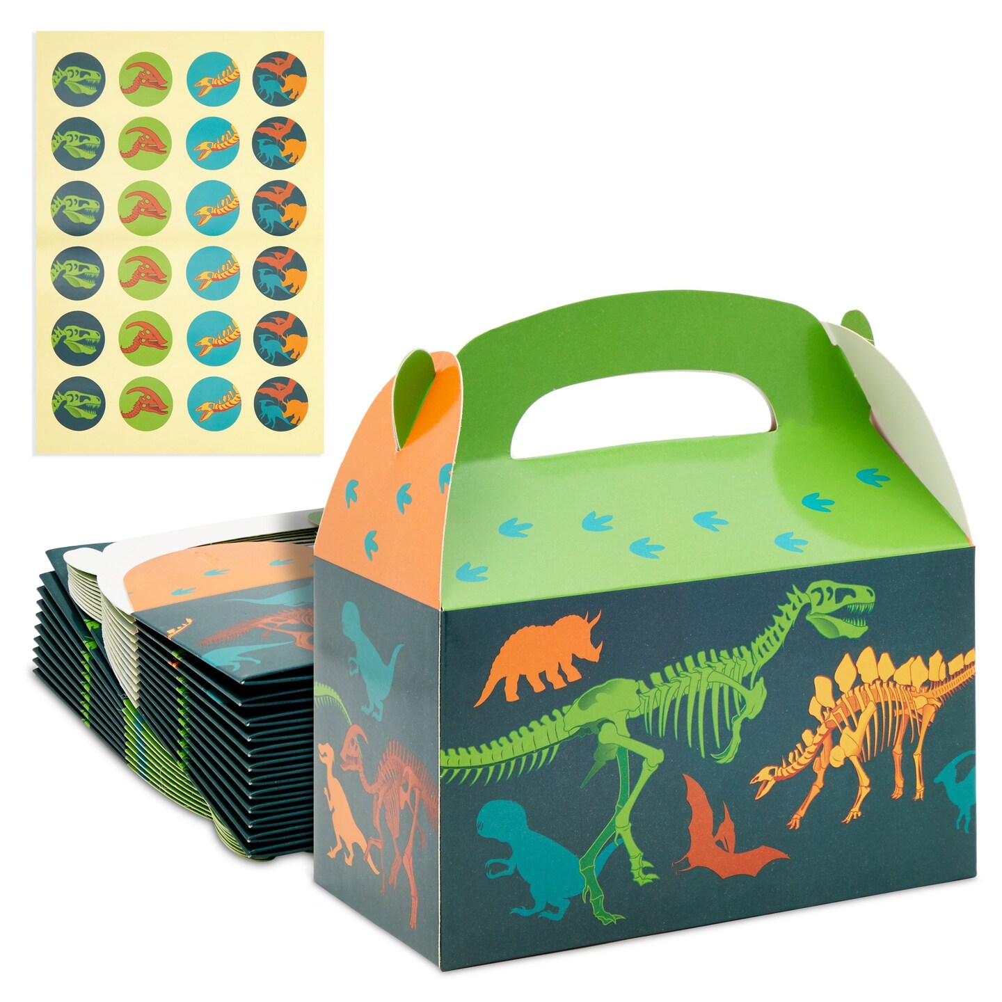 24 Pack Dinosaur Treat Boxes with Handle and Stickers - Dino Party Favors for Kids&#x27; Birthday Supplies (6.2 x 3.6 x 3.5 in)