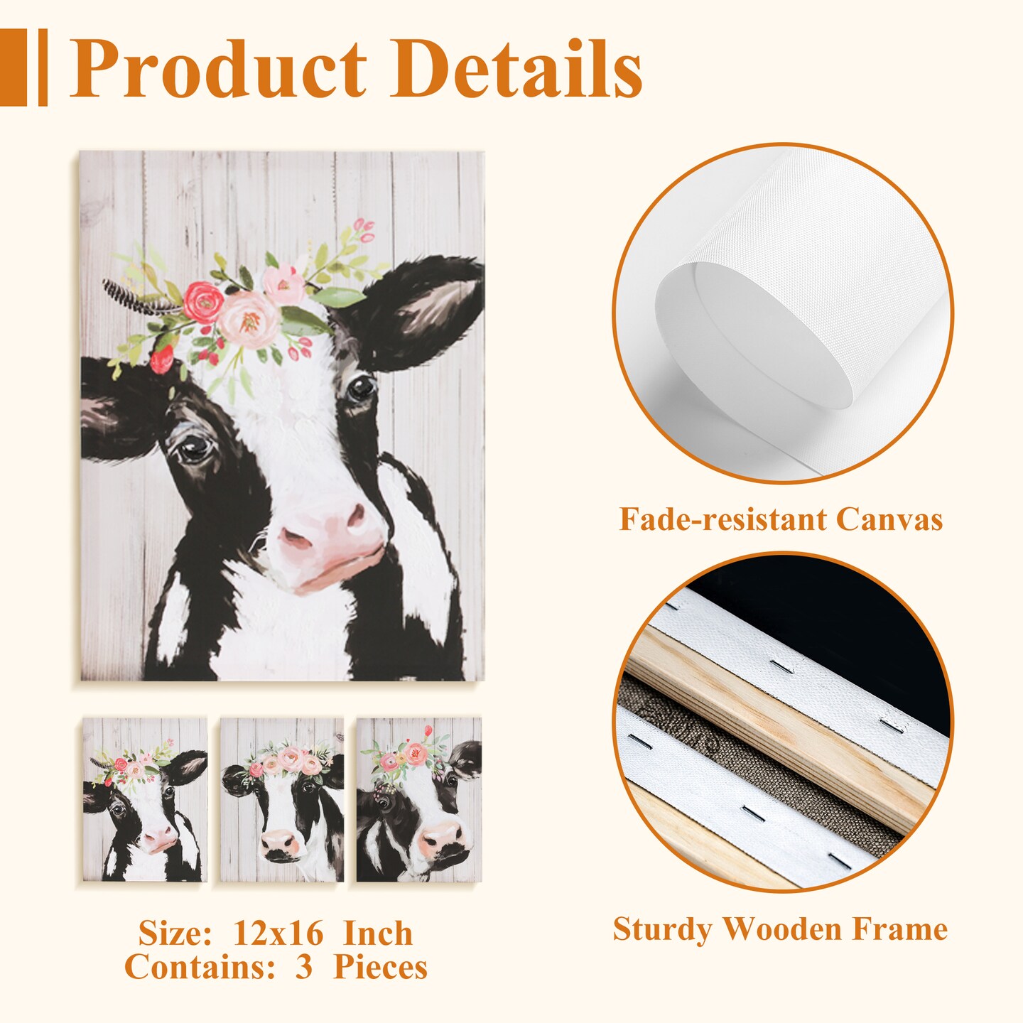12&#x22;x16&#x22; Cow Pictures Wall Decor Canvas Wall Art 3 Piece Framed Wall Art