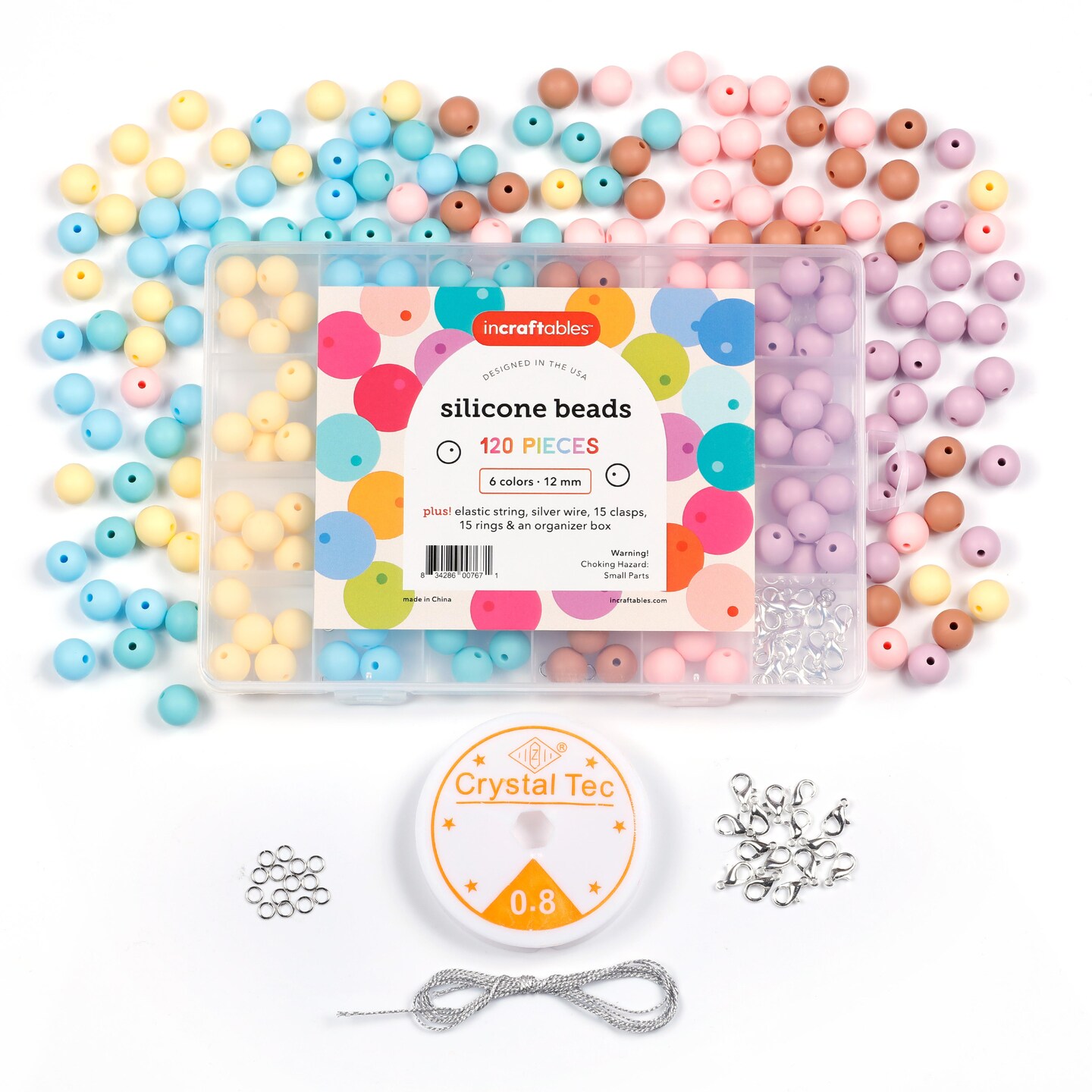 Incraftables Silicone Beads for Keychain making 120pcs Kit (6 Colors). Bulk Rubber beads for Kids &#x26; Adults. 12mm Silicone Beads for Jewelry Making with Elastic String, Silver Wire, Clasps &#x26; Organizer