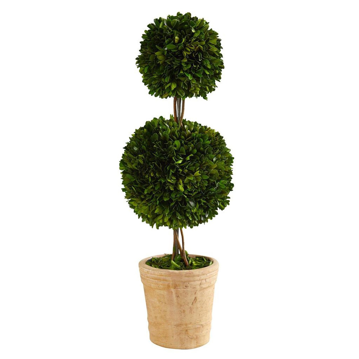Nearly Natural 2.5&#x27; Preserved Boxwood Double Ball Topiary Tree in Decorative Planter