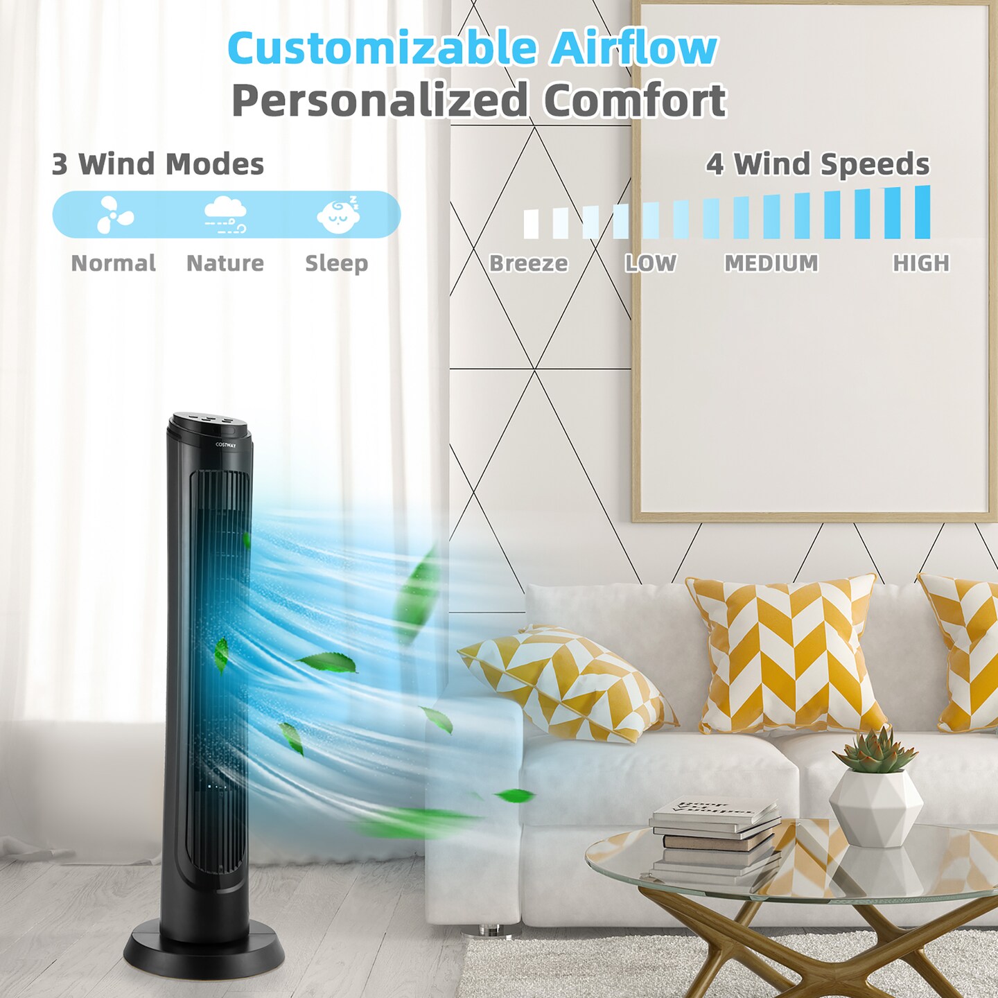 Costway 40&#x27;&#x27;Tower Fan with Remote 75 Degree Oscillating Fan w/ 3 Wind Modes &#x26; 4 Wind Speeds