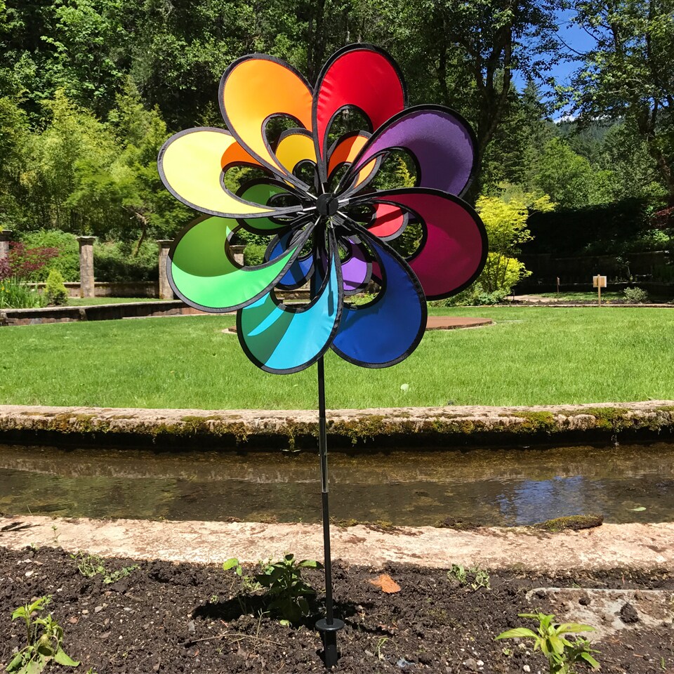 In the Breeze Spectrum Double Windee Wheelz - Ground Stake Included - Colorful Flower Spinner for your Yard and Garden