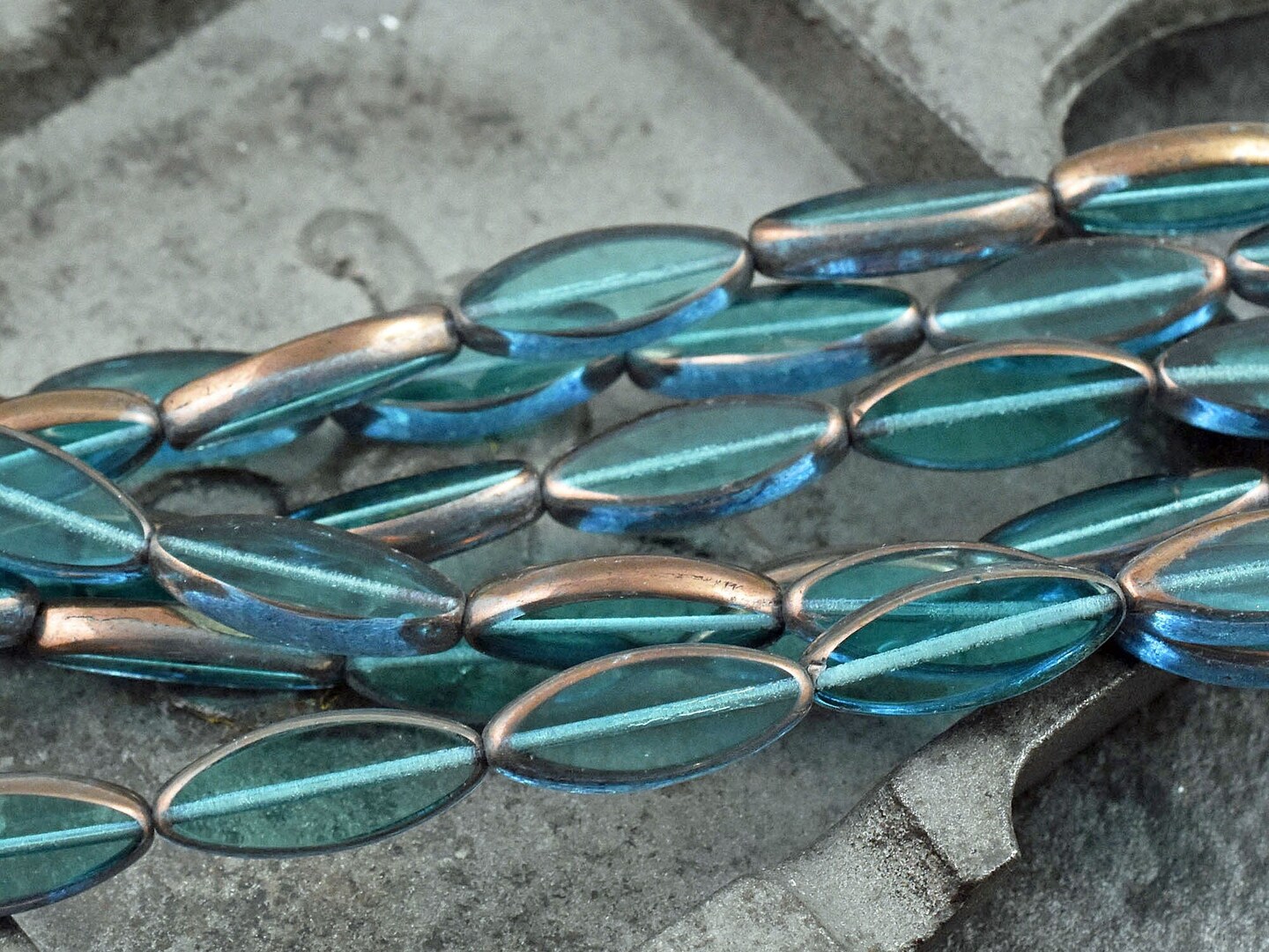 *6* 20x8mm Bronze Washed Dark Aqua Table Cut Spindle Beads
