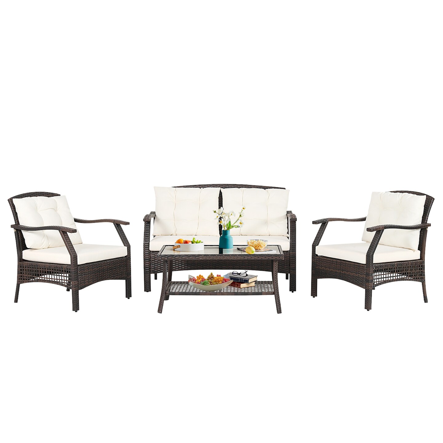 Costway 4 PCS Outdoor Rattan Conversation Set Patio Rattan Sofa Set W/ Protective Cover