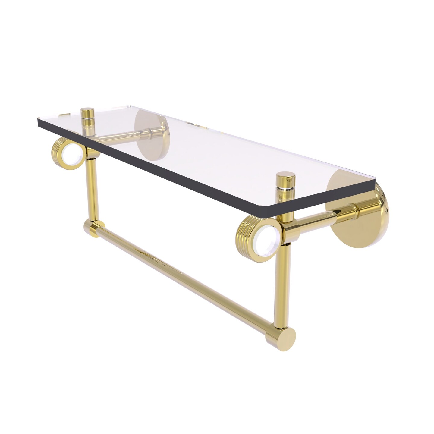 Clearview Collection 16 Inch Glass Shelf With Towel Bar And Groovy Accents - Unlacquered Brass