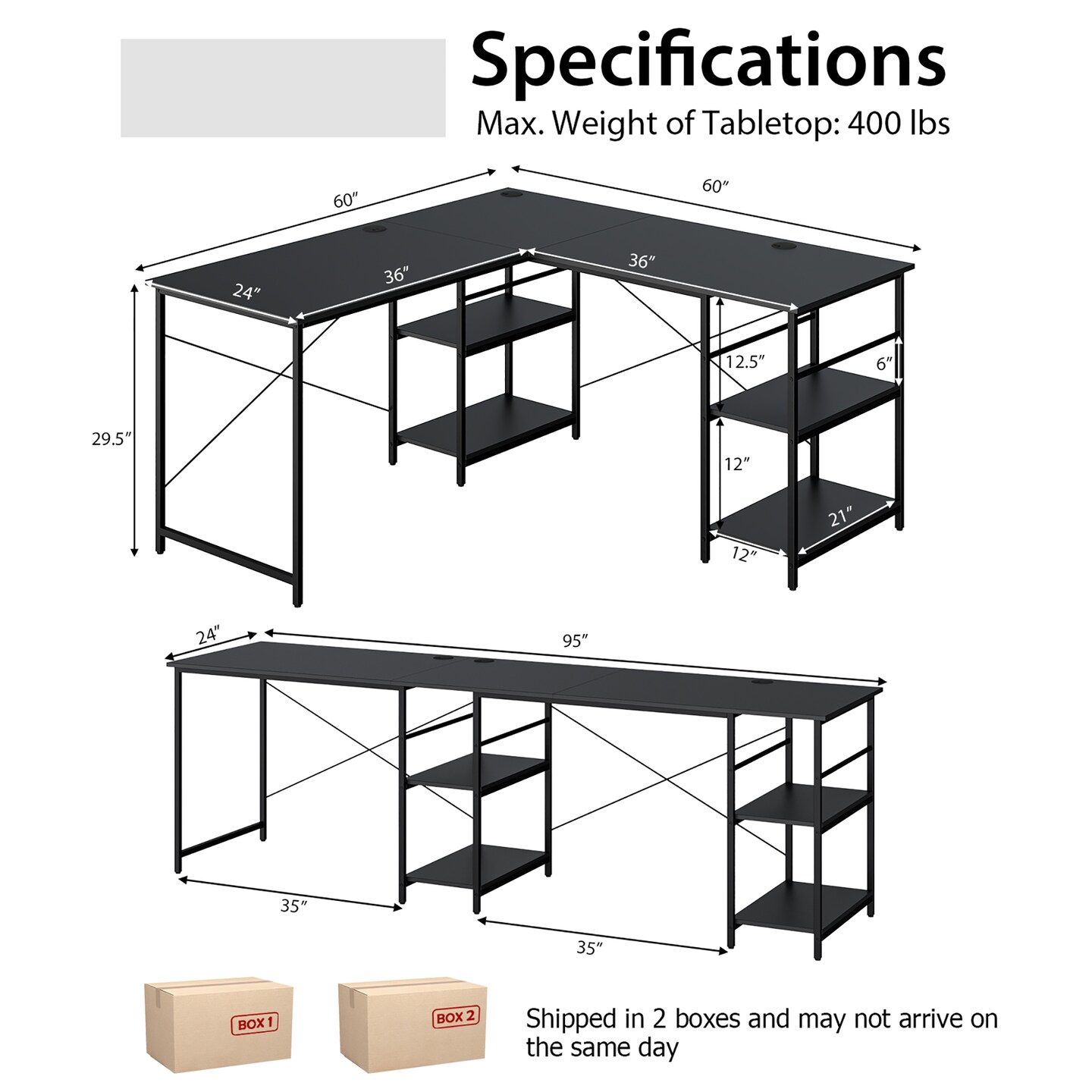 Costway 95&#x27;&#x27; Convertible L-shaped Corner Computer Desk 2-Person Long Desk Shelves Black