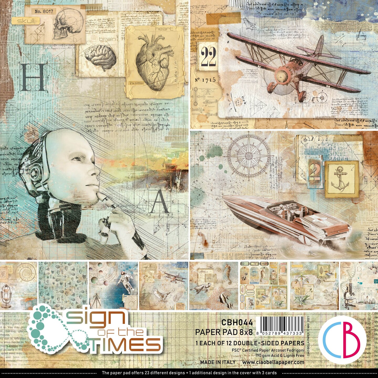 Ciao Bella Double-Sided Paper Pad 90lb 8&#x22;X8&#x22; 12/Pkg-Sign Of The Times, 12 Designs/1 Each