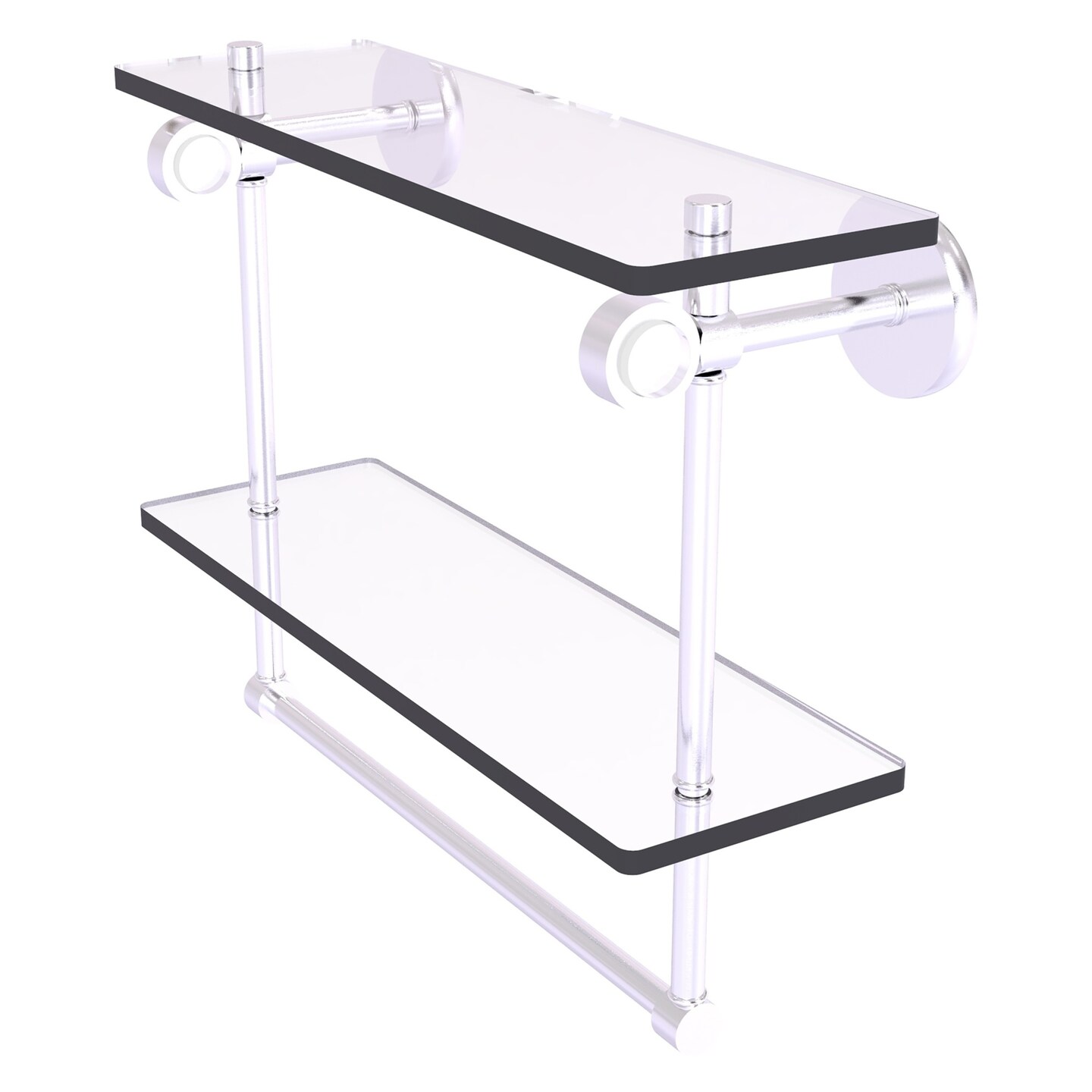 Clearview Collection 16 Inch Double Glass Vanity Shelf With Integrated Towel Bar - Satin Chrome