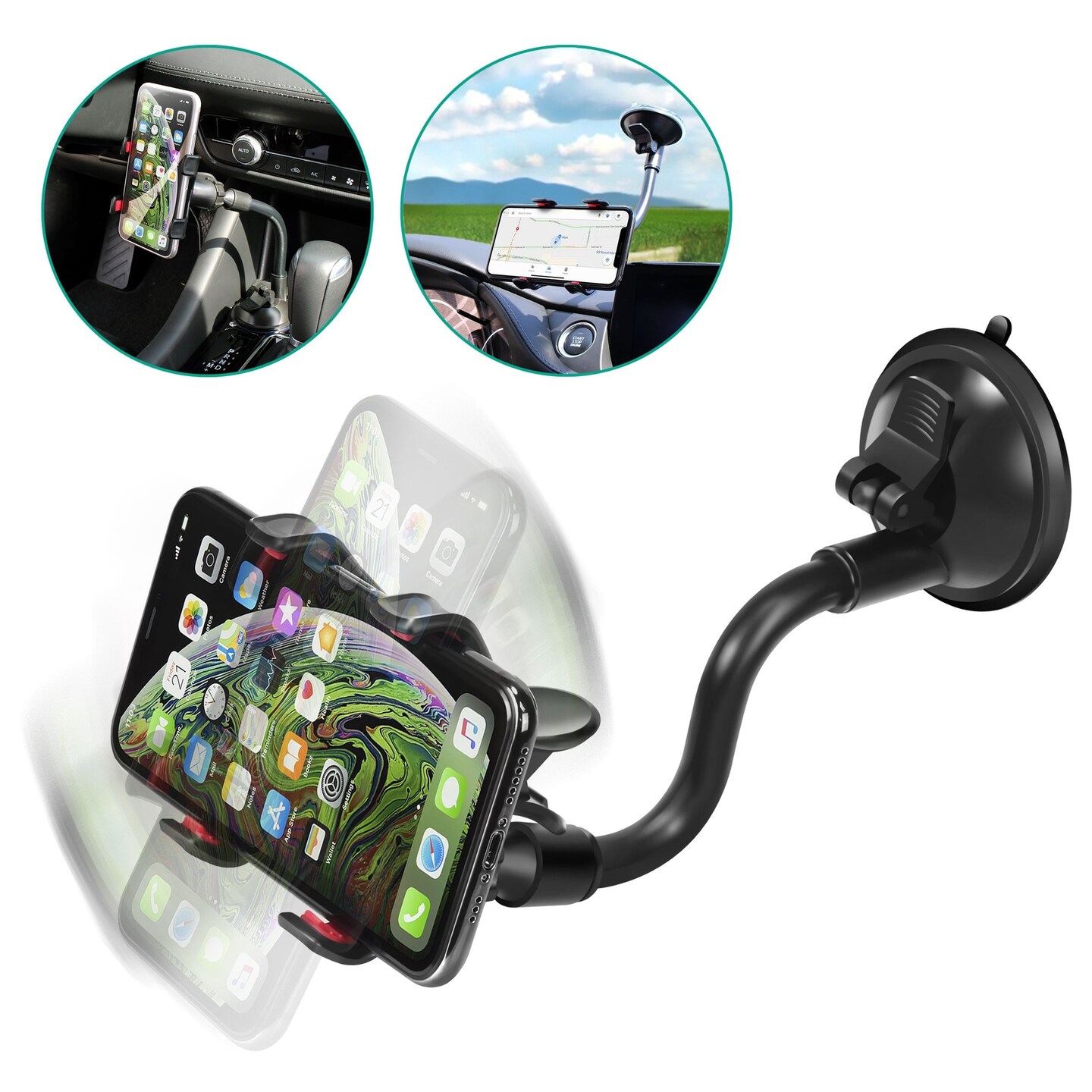 Insten Universal Windshield Gooseneck Car Mount Suction Cell Phone Holder  For Huawei LG Google Nexus 5X,LG G5; iPhone XS/ XS Max/ XR/8/ 8 Plus/X/ 7/7  Plus/6S, Samsung Galaxy S10/Note 9 /On5/S7/S9/S9+ Edge