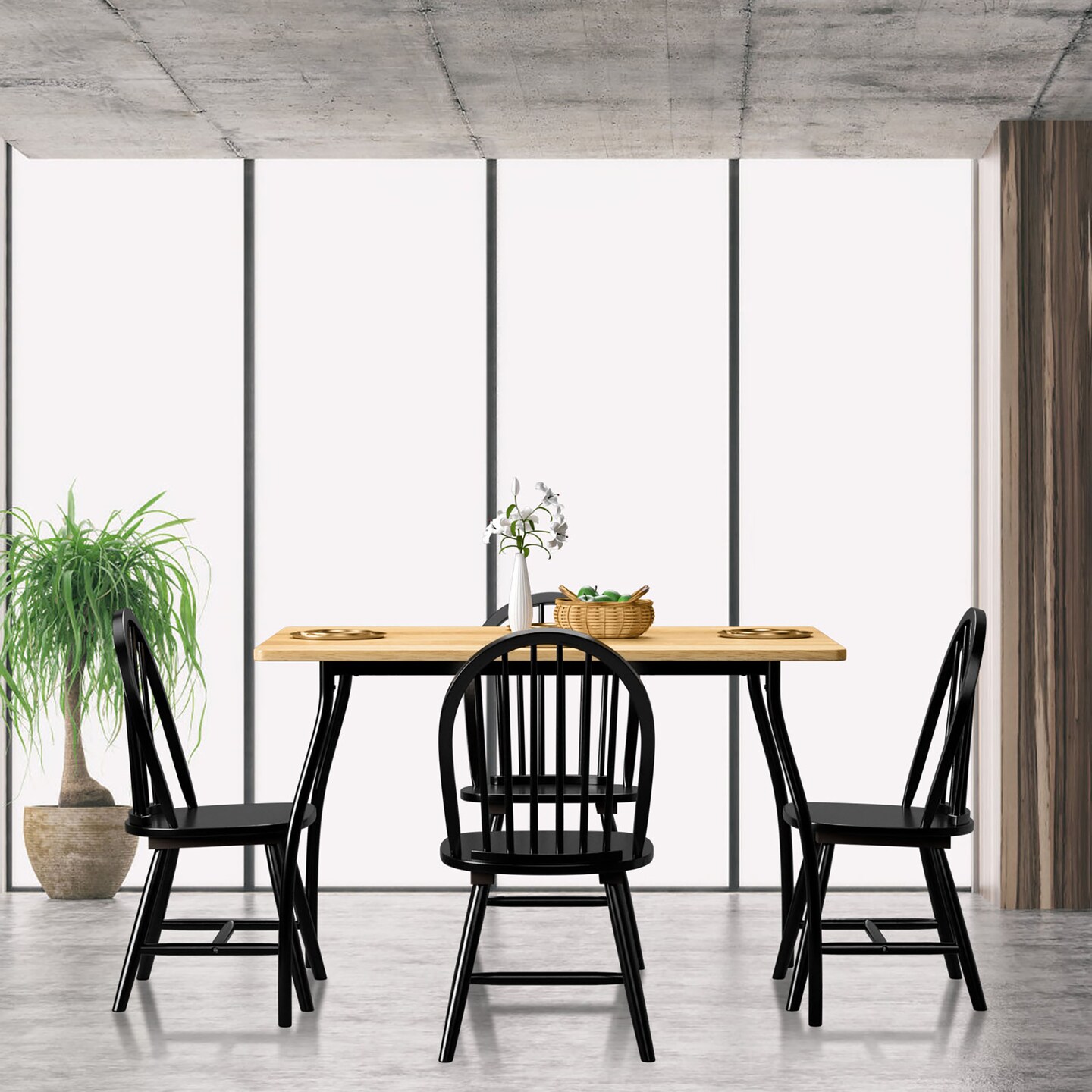 Costway Set of 4 Vintage Windsor Dining Side Chair Wood Spindleback Kitchen Room Black\White