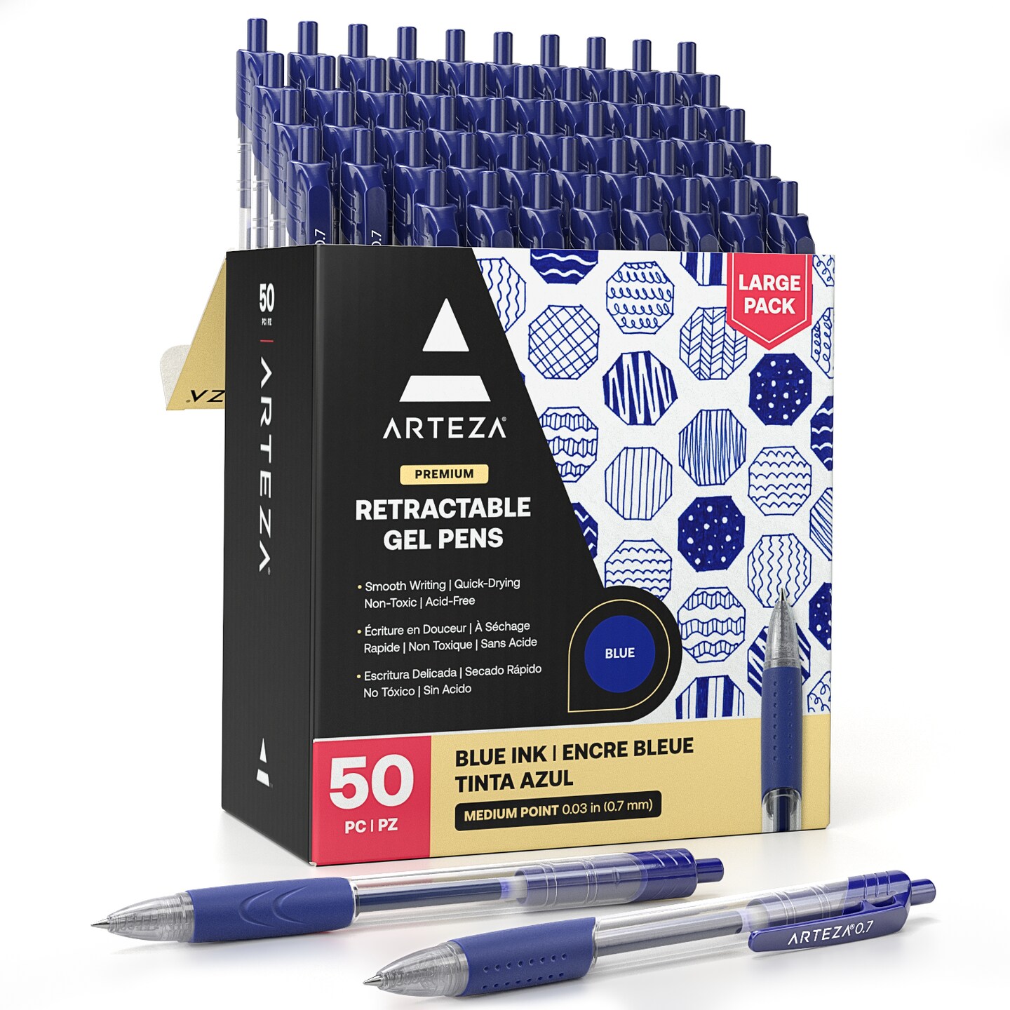 Arteza Retractable Gel Ink Pens Set, Blue - Doodle, Draw, Journal - 50 Pack