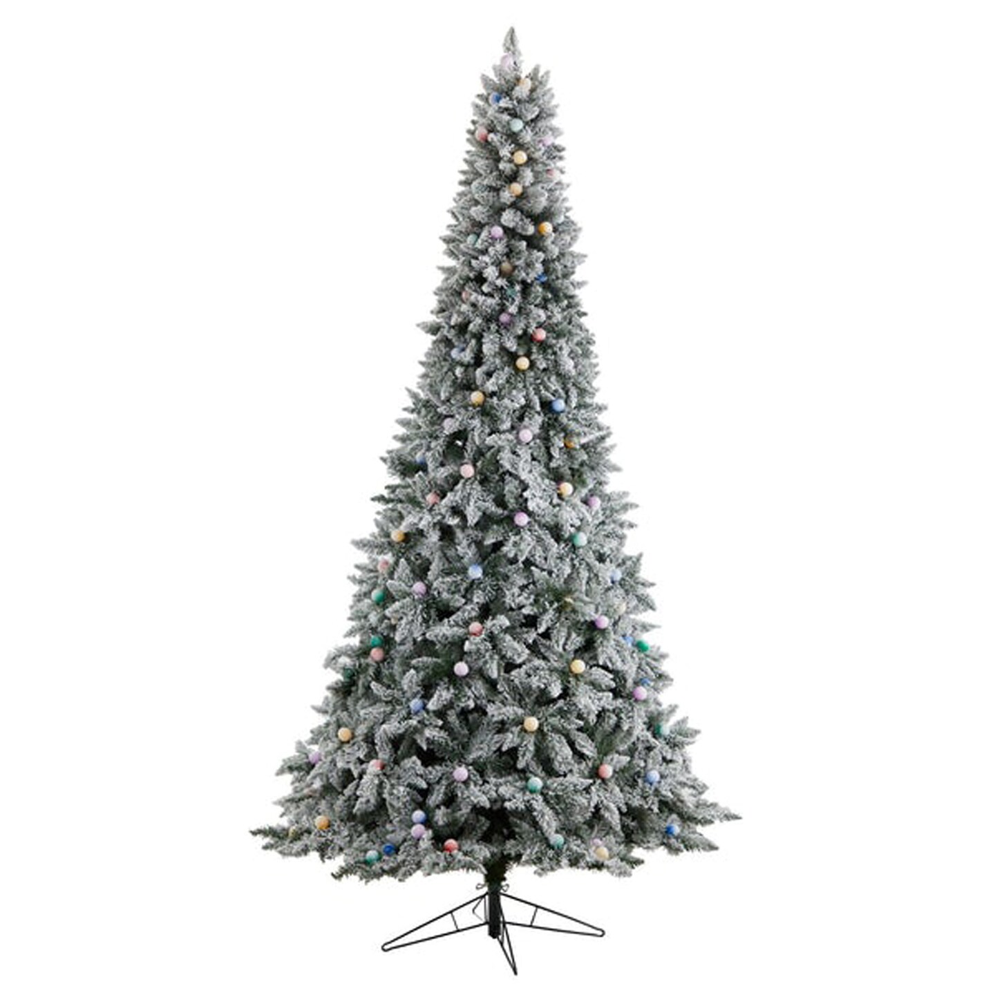 Nearly Natural Home Decorative 9.5&#x27; Flocked British Columbia Mountain Fir Artificial Christmas Tree with 150 Multi Color Globe Bulbs and 2297 Bendable Branches