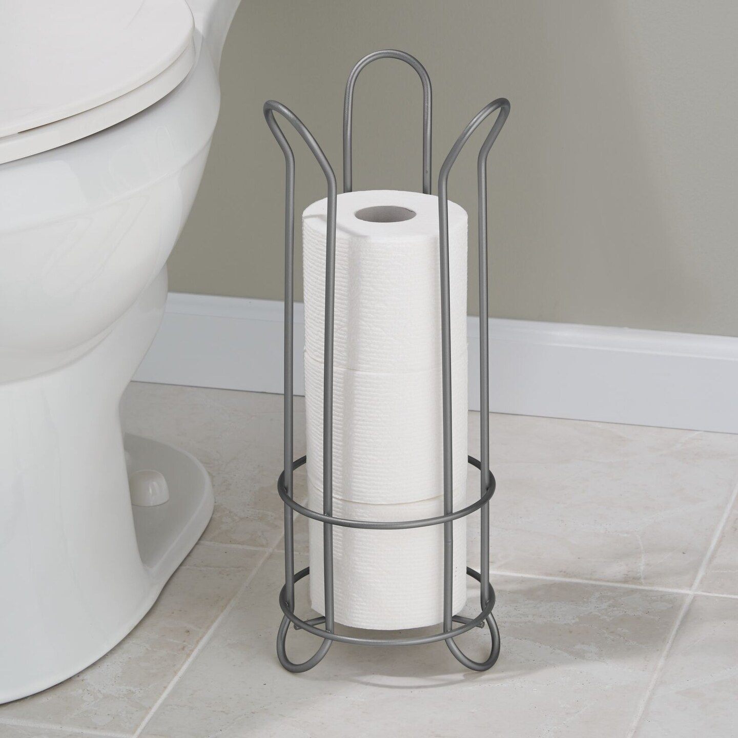mDesign Metal Free Standing Toilet Paper Stand, Holds 3 Rolls