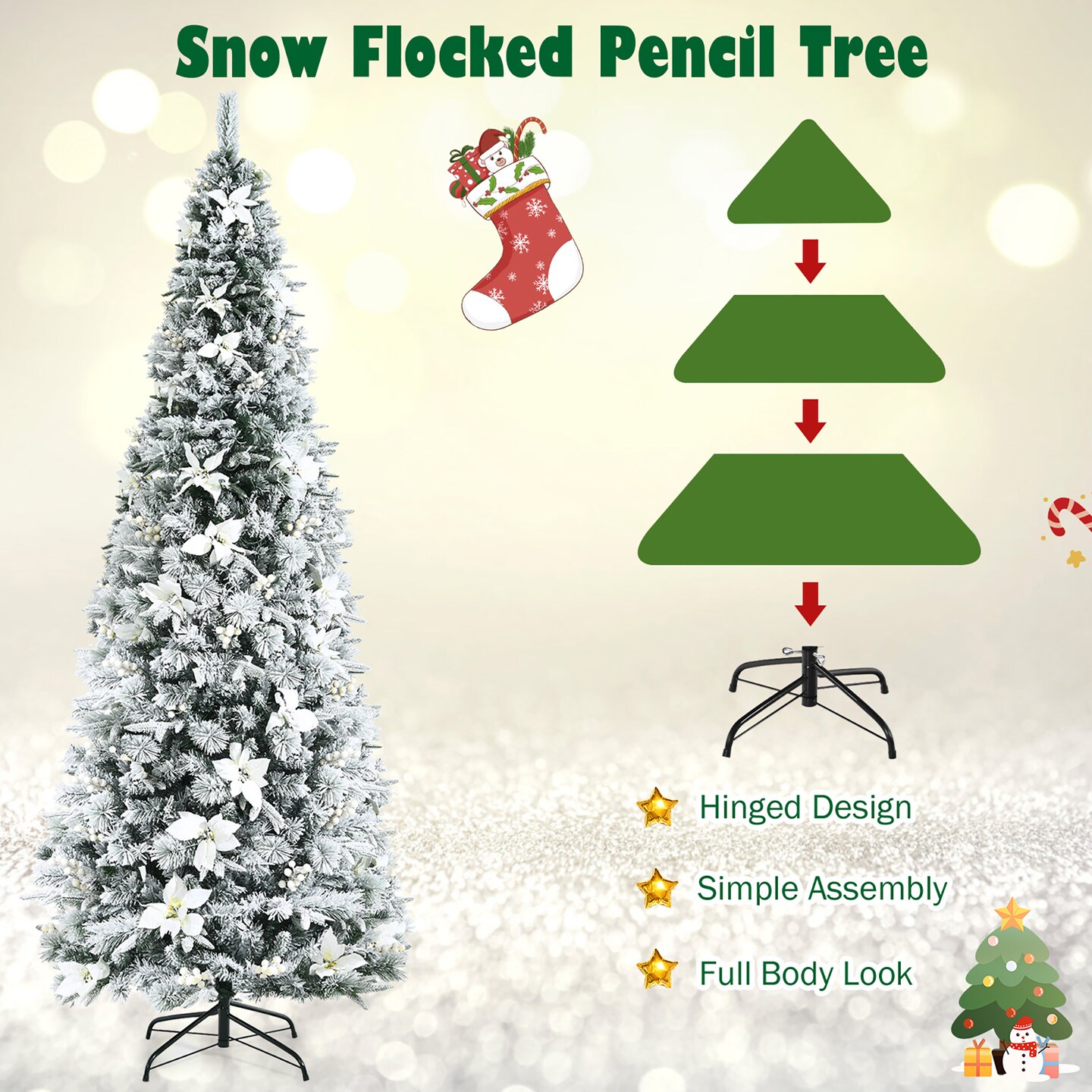 Costway 5ft/6ft/7ft/8ft Snow Flocked Christmas Pencil Tree w/ Berries &#x26; Poinsettia Flowers