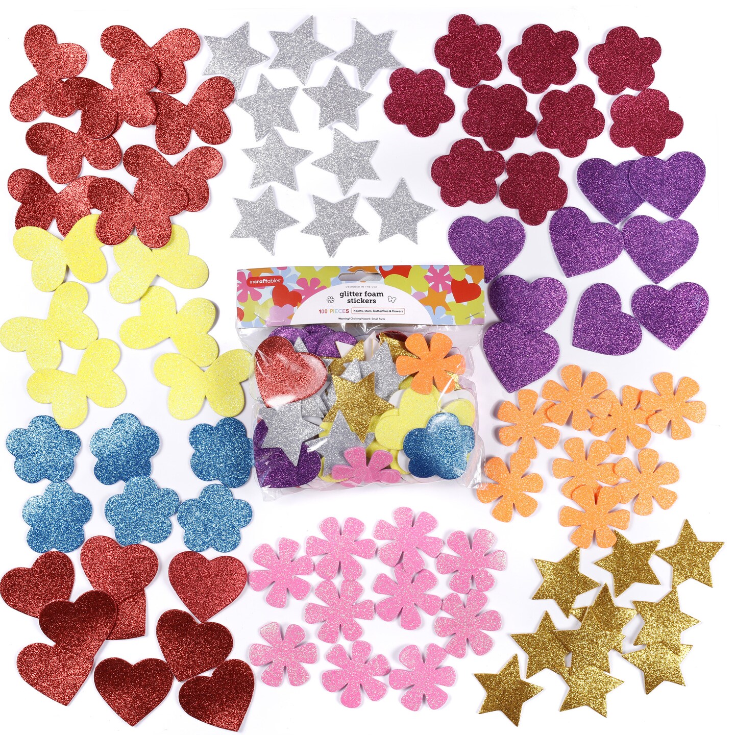 Incraftables Glitter Foam Stickers for Kids Self Adhesive 100pcs. Assorted Foam Flower Stickers, Heart Stickers, Star Glitter Stickers &#x26; Butterfly Sparkly Stickers for Arts &#x26; Crafts for Kids &#x26; Adults