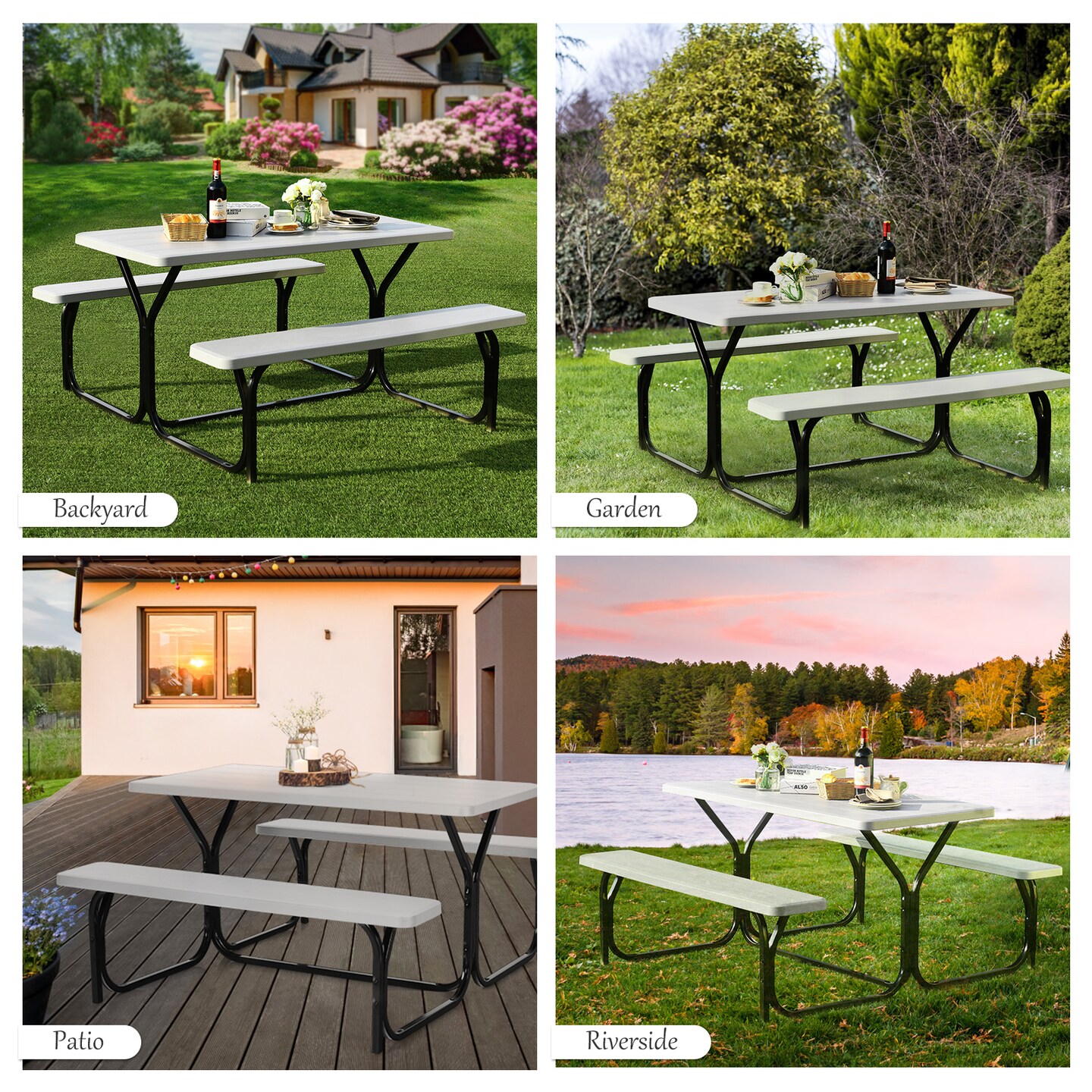 Costway Picnic Table Bench Set Outdoor Backyard Patio Garden Party Dining All Weather Black/White/Grey/Brown/Green