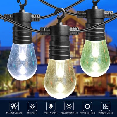 Smart Outdoor Patio Lights &#x2013; 48FT string length , 15 Smart RGB LED bulbs