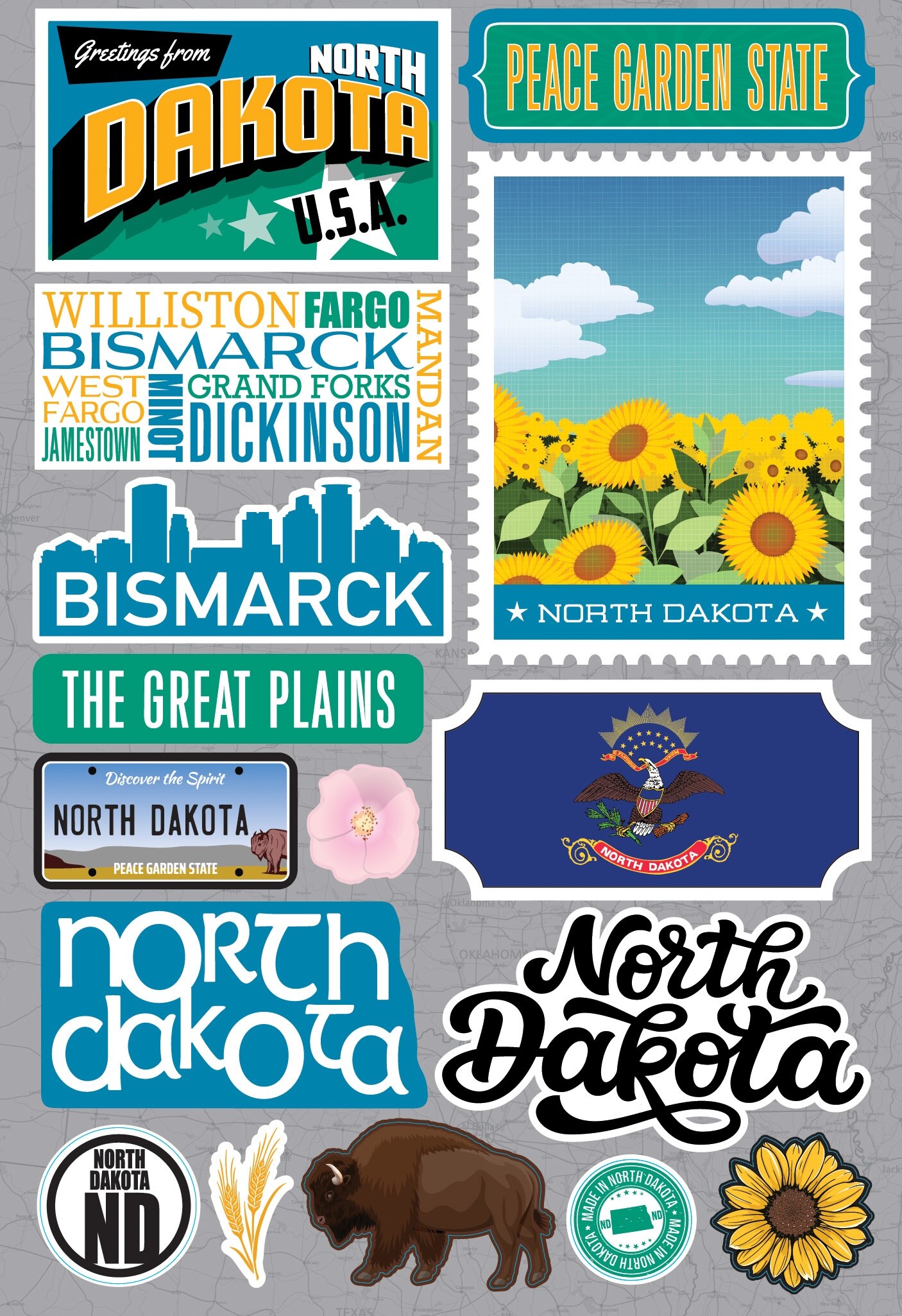 Reminisce Jet Setters 30 State Dimensional Stickers North Dakota