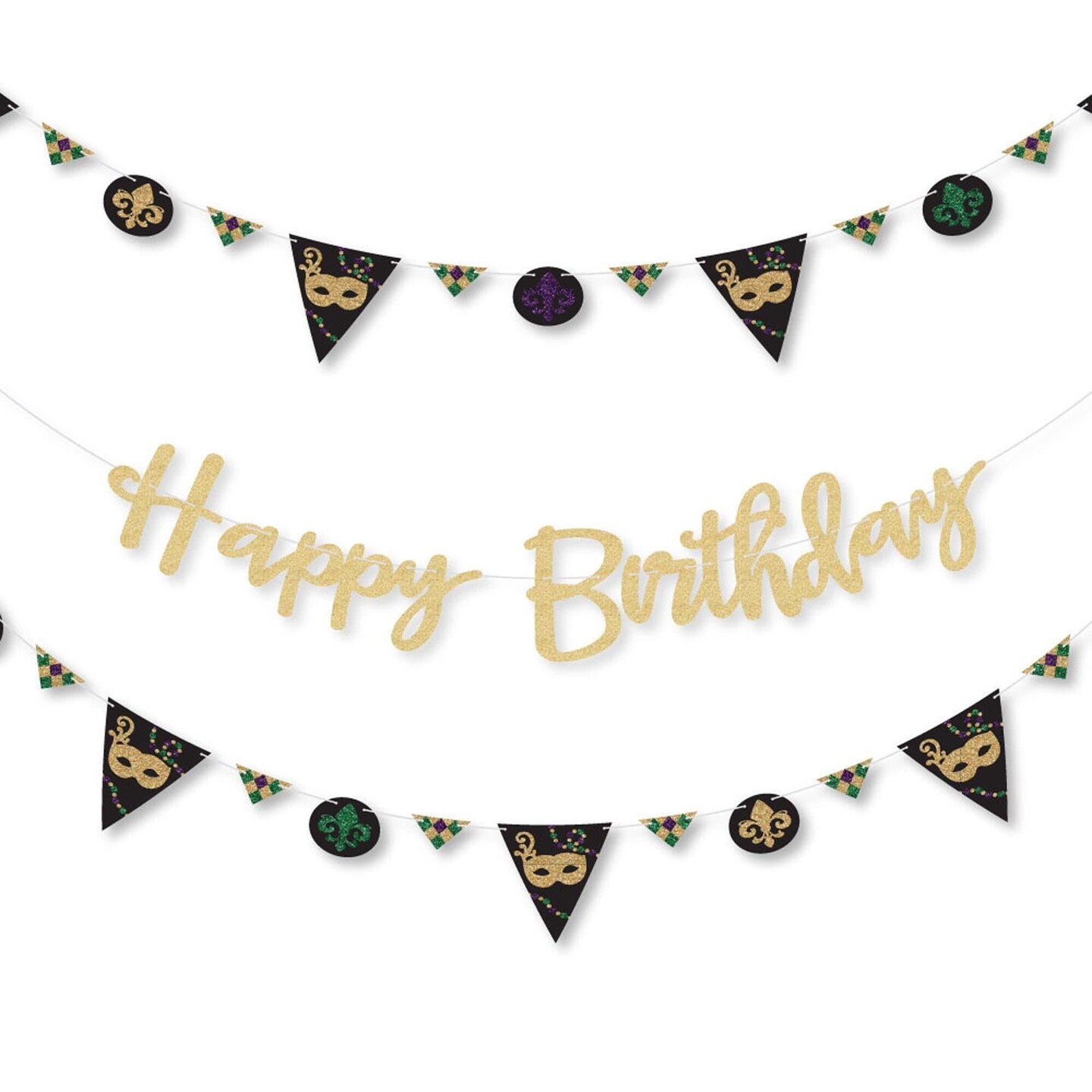 Big Dot of Happiness Mardi Gras - Masquerade Birthday Party Letter Banner Decoration - 36 Cutouts &#x26; No-Mess Real Gold Glitter Happy Birthday Letters