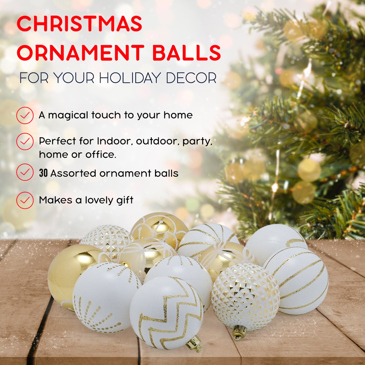 RN&#x2019;D Christmas Decorative Ball Ornaments &#x2013; White and Gold Christmas Ball Hanging Tree Ornament Set Assorted Designs - 30 Piece Set