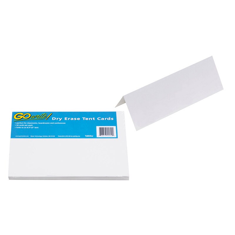 Dry Erase Tent Cards, Non-Adhesive, White, 8-1/2&#x22; X 3&#x22;, 50 Cards