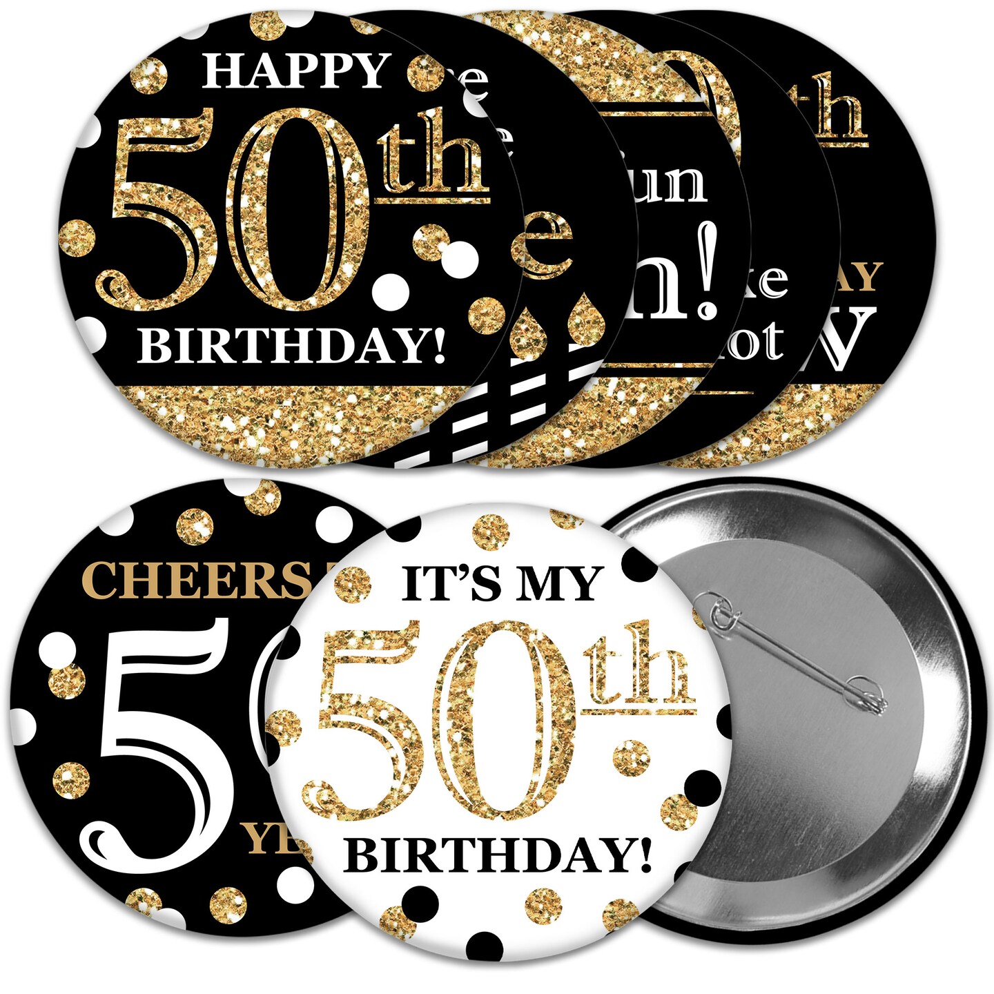 Big Dot of Happiness Adult 50th Birthday - Gold - 3 inch Birthday Party Badge - Pinback Buttons - Set of 8