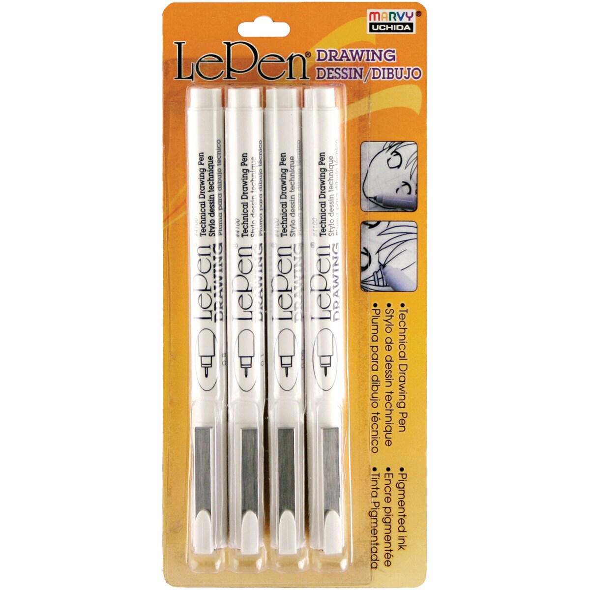 Uchida Le Pen Technical Drawing Set 4/Pkg-.05mm, .1mm, .5mm, .8mm Black