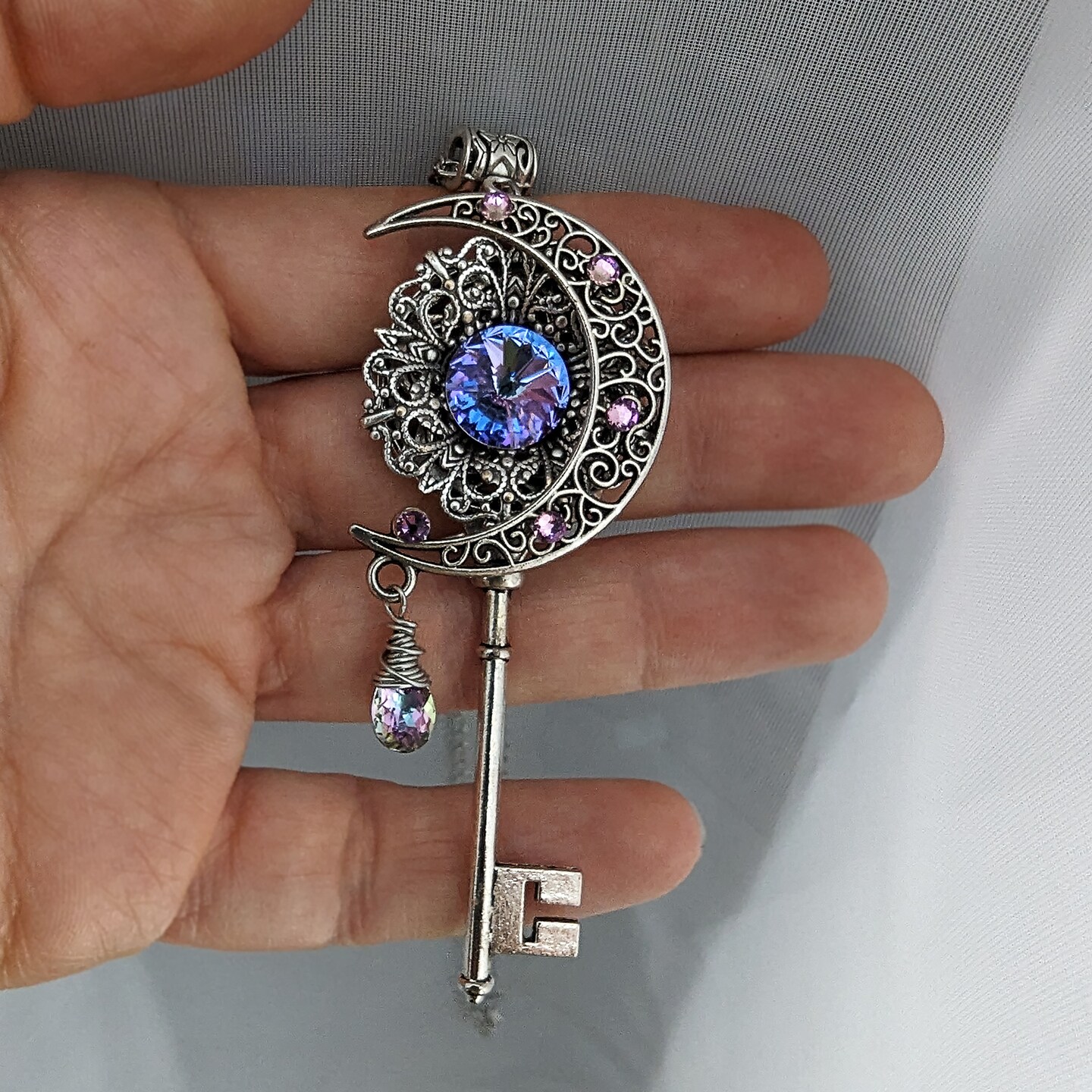 Magical Silver fantasy Moon key necklace with Pink and Purple