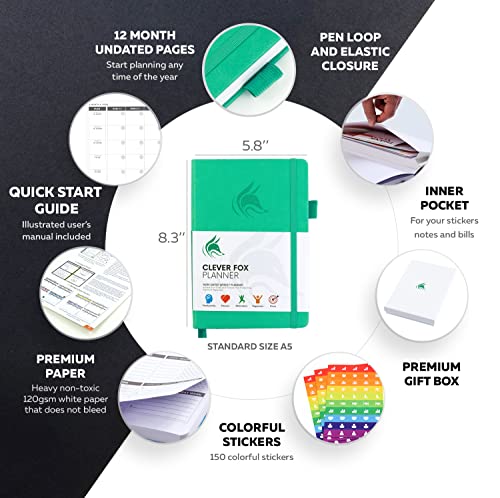 Undated Weekly & Monthly Planner to Increase Productivity, Time Management and Hit Your Goals – Organizer, Gratitude Journal – Start Anytime, A5, Lasts 1 Year, Emerald (Weekly)