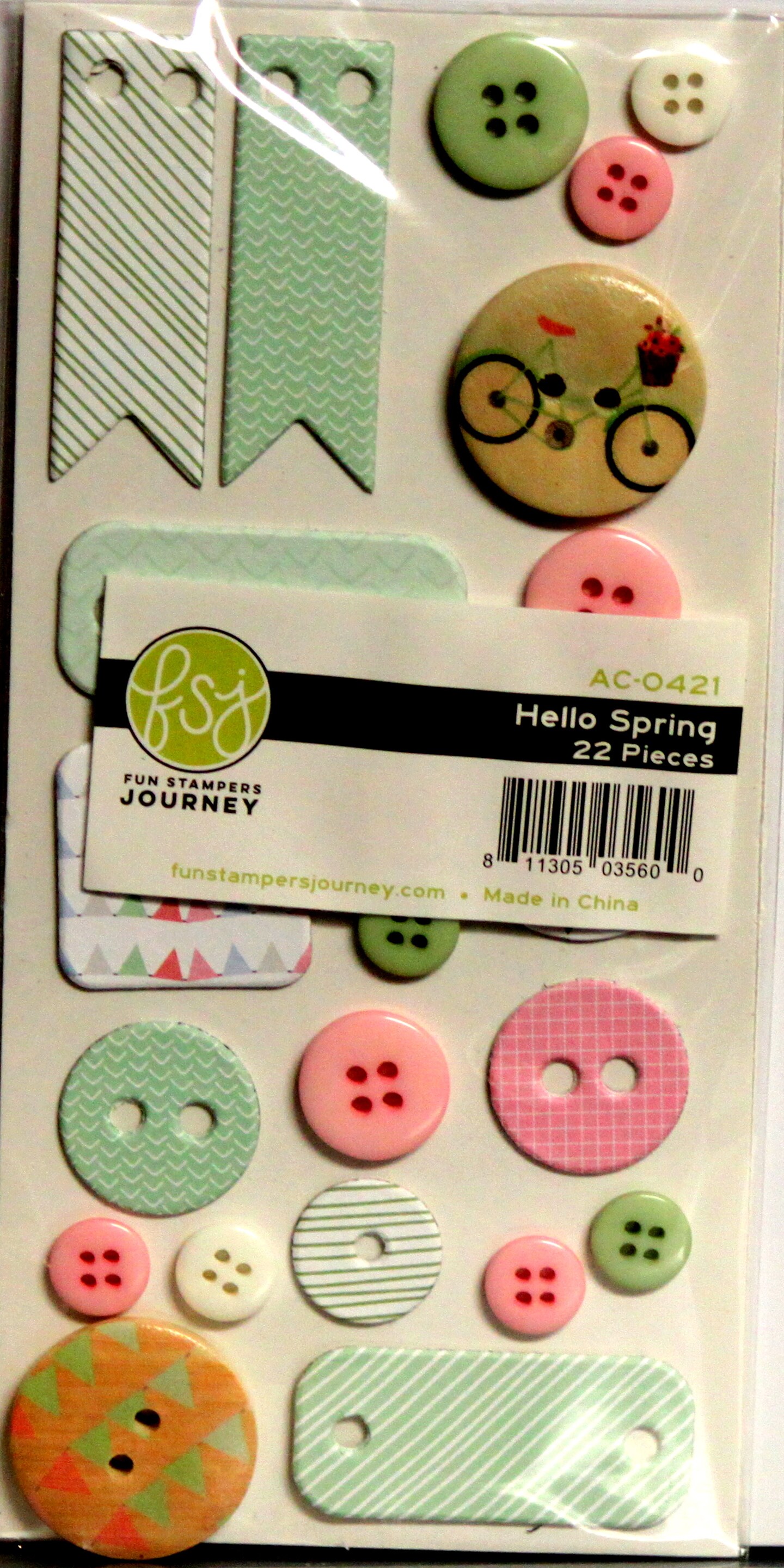 Fun Stampers Journey Hello Spring Adhesive Chipboard &#x26; Buttons Embellishments