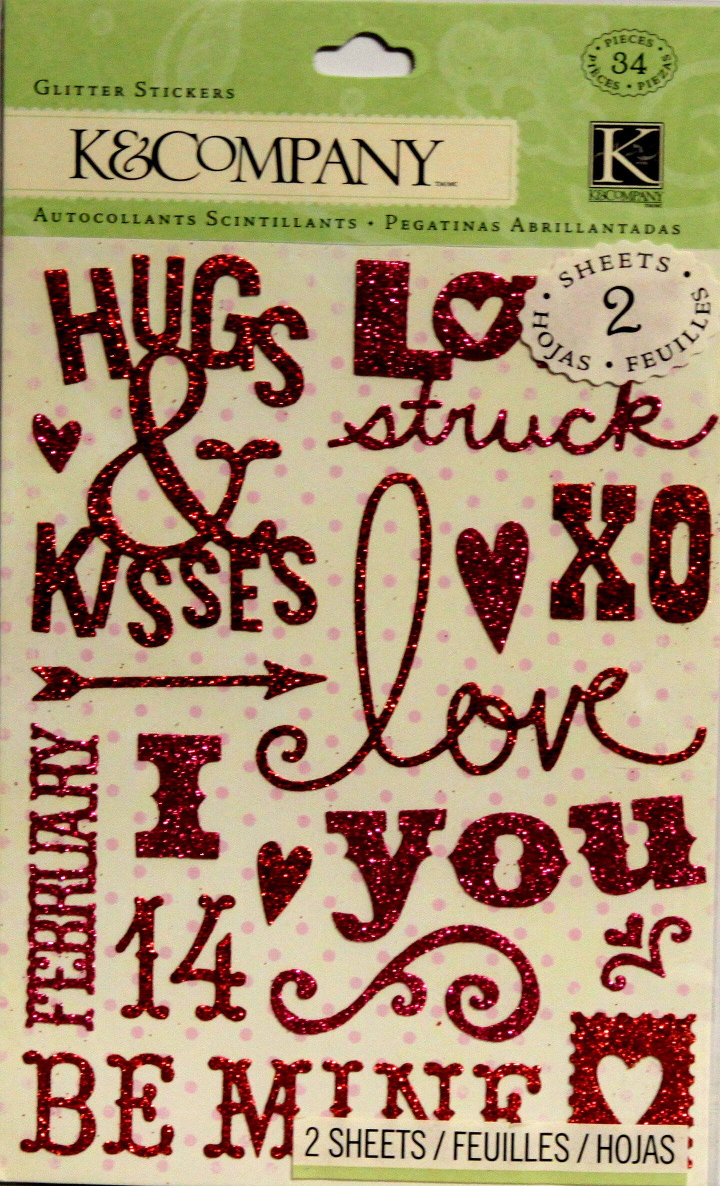 K &#x26; Company Valentine Word Glitter Stickers 2 Sheet Pack