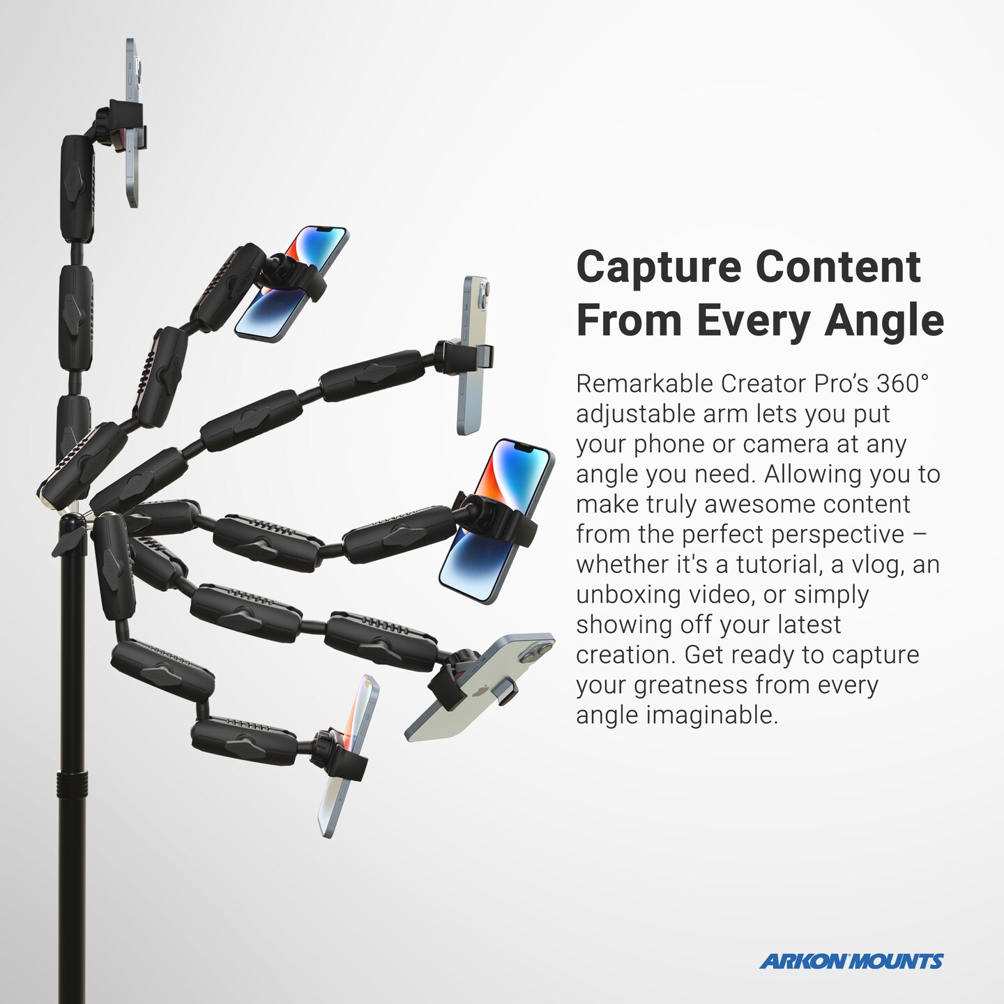 Remarkable Creator Pro+Plus Overhead Phone or Camera Mount with Tablet Holder and Ring Light, Clamp Mount, Pink, by Arkon Mounts CLAMPRCBPK