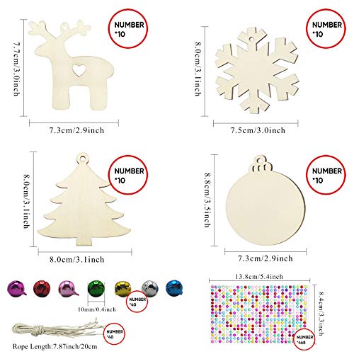 Hidreas 40 Pcs Wooden Ornaments Unfinished Christmas DIY Ornaments Craft Kit, Christmas Wood Ornaments with Bells, Wax Rope and Rhinestone Stickers for Children Arts and Crafts Supplies
