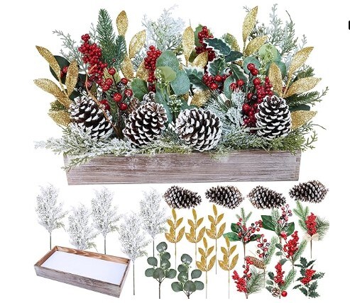 DIY Winter Arrangement Artificial Snowy Christmas Floral Picks Bulk Christmas Centrepiece Rustic Farmhouse Holiday Table D&#xE9;cor Assorted Red Berry Cedar Pine Cone Picks in Rectangle Wooden Box