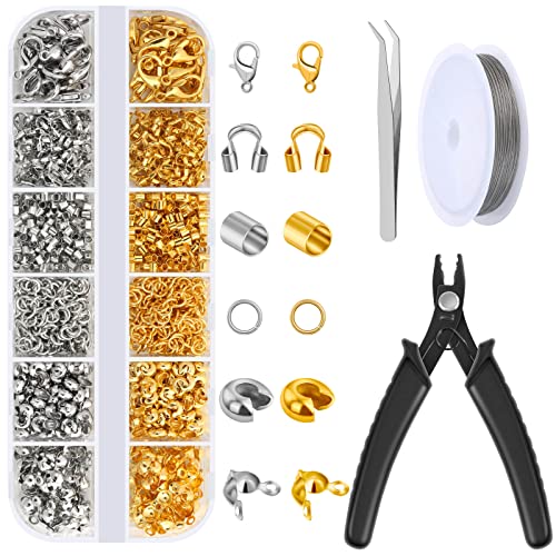 Acejoz 1200 Pcs Crimp Beads Kit for Jewelry Making, Crimp Beads, Covers, Tubes and Wire Guardians, Lobster Clasps, Jump Rings, Crimping Pliers and Beading Wire