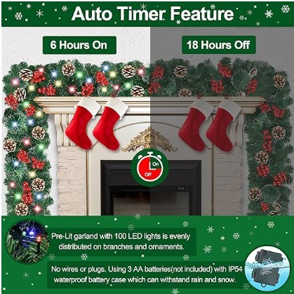 Pre-Lit Christmas Garland of 9 Light Modes with Timer, Battery-Operated Garland with Natural Decoration for Outdoors and Indoors, 9 Ft by 10 Inch Christmas Garland with 100 LED Lights,