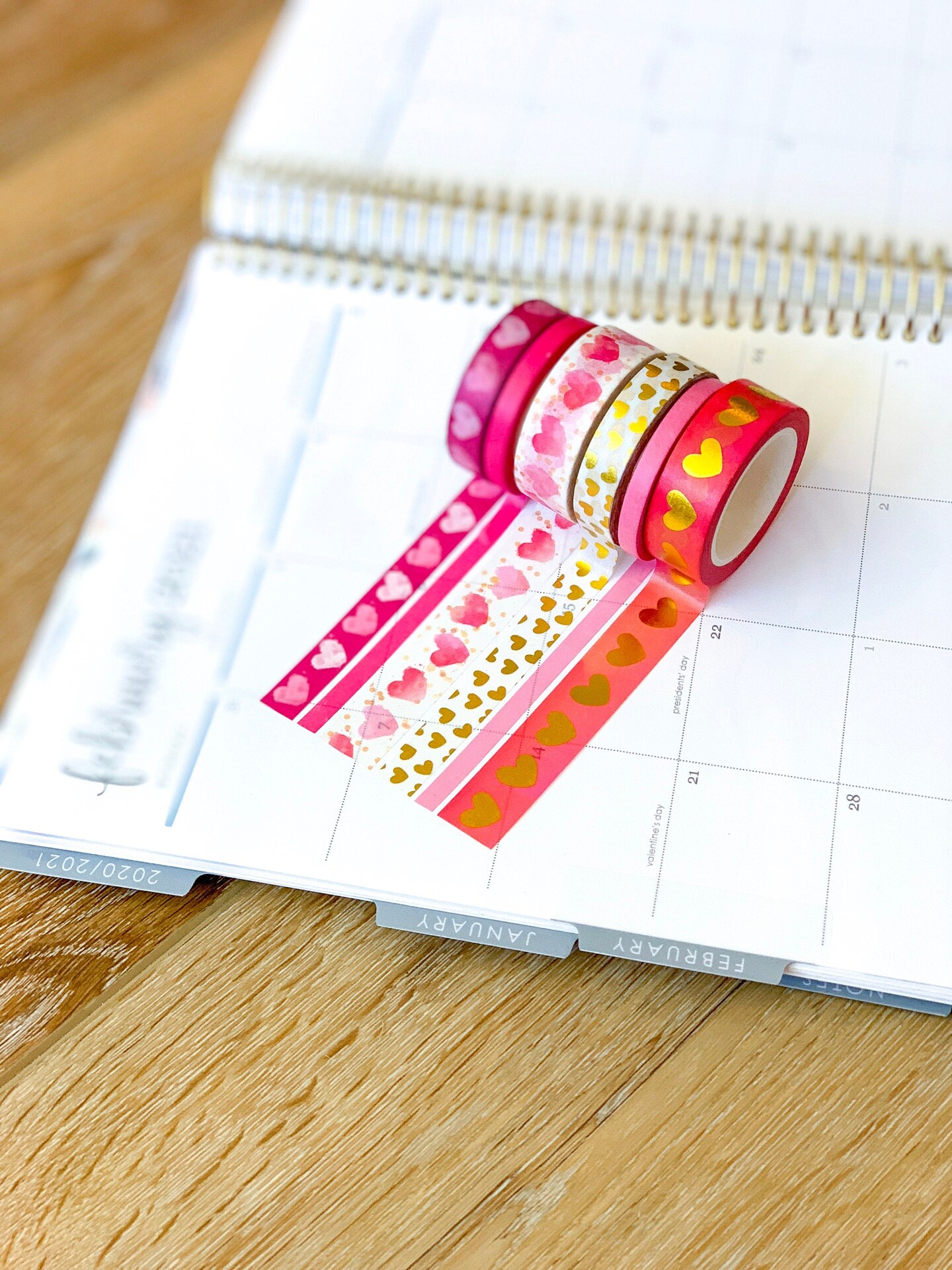 FOILED  Valentine&#x27;s Pink &#x26; Gold Hearts Washi Tape Set (#W014)