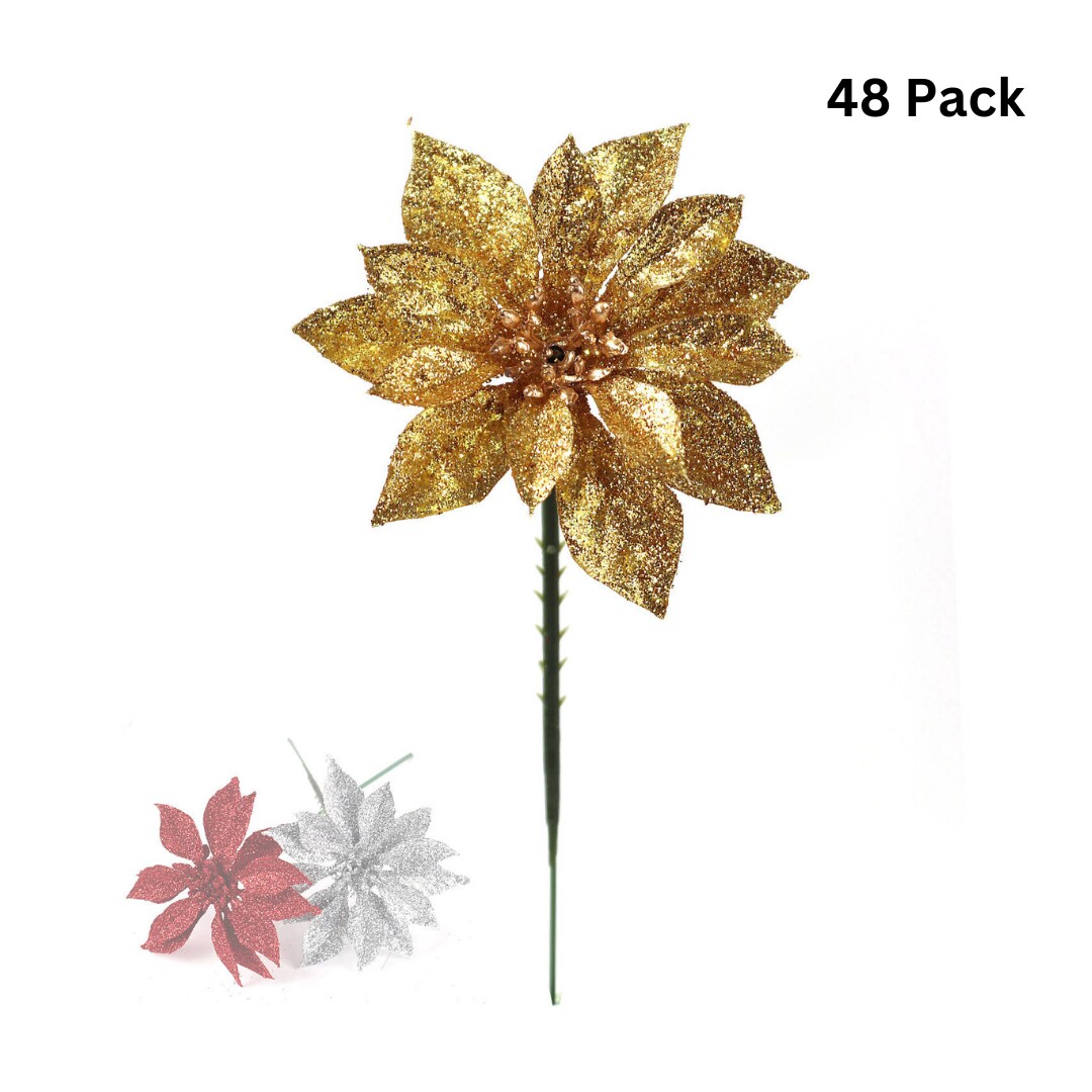 Set of 48 - Gold Glitter Poinsettia Picks, 4-Inch - Christmas Festive Holiday Decor, Perfect for Trees & Wreaths - 2024 Christmas Collection, Floral Home by Artificial Flowers