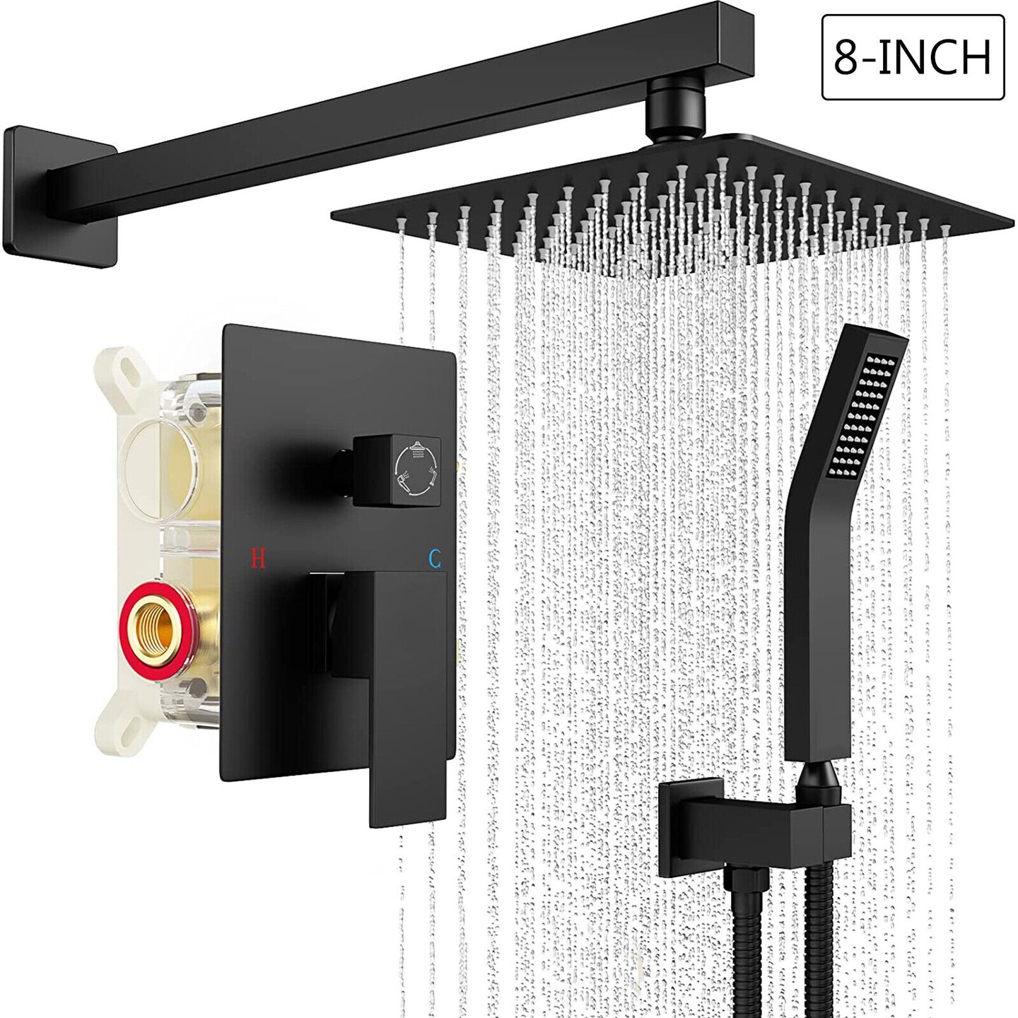 8 Inches Rainfall Shower Head Combo System with Mixer Valve Kit