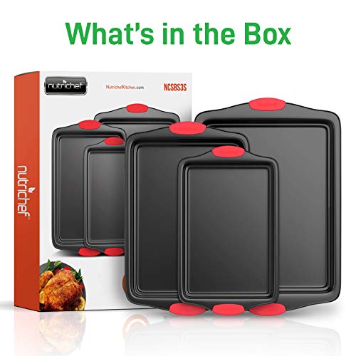 3 Pieces Non-Stick Kitchen Oven Baking Pans-Deluxe & Stylish Nonstick Gray Coating Inside Outside, Commercial Grade Restaurant Quality Metal Bakeware with Red Silicone Handles NCSBS3S, 3 Piece Set