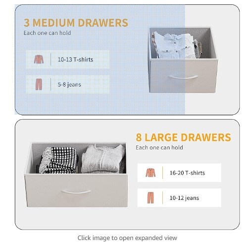 A bedroom dresser with eleven drawers, dressers and chests of drawers with side pockets, hooks, a fabric storage drawer, a steel frame, a wood top, an organizer unit, and a closet pull handle.