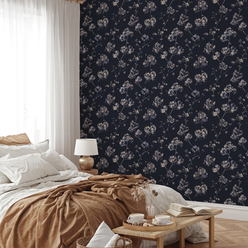Tempaper Sun-Bleached Floral Peel and Stick Wallpaper Midnight Blue/Yellow